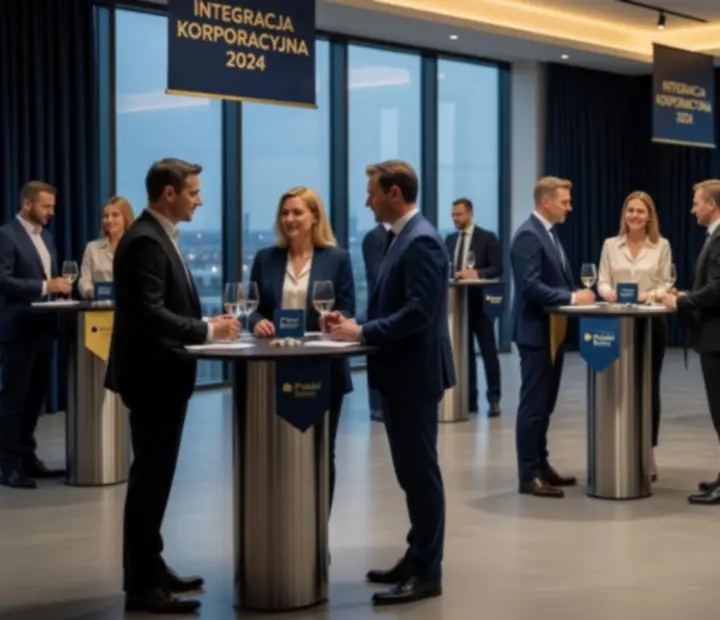 Nowoczesna, elegancka aranżacja eventu firmowego z oświetleniem scenicznym.