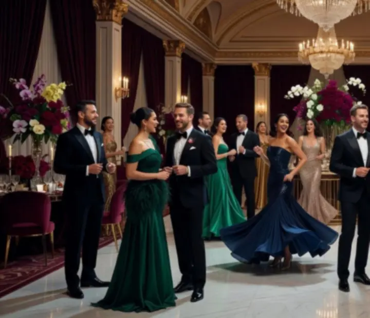 Kinowa scena luksusowego eventu z eleganckimi dekoracjami i energicznym tłumem