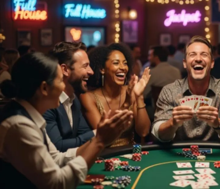 Goście bawiący się przy stole pokerowym podczas eventu