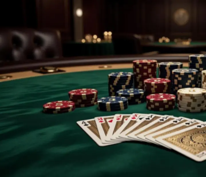 Profesjonalnie przygotowany stół pokerowy z żetonami i kartami premium